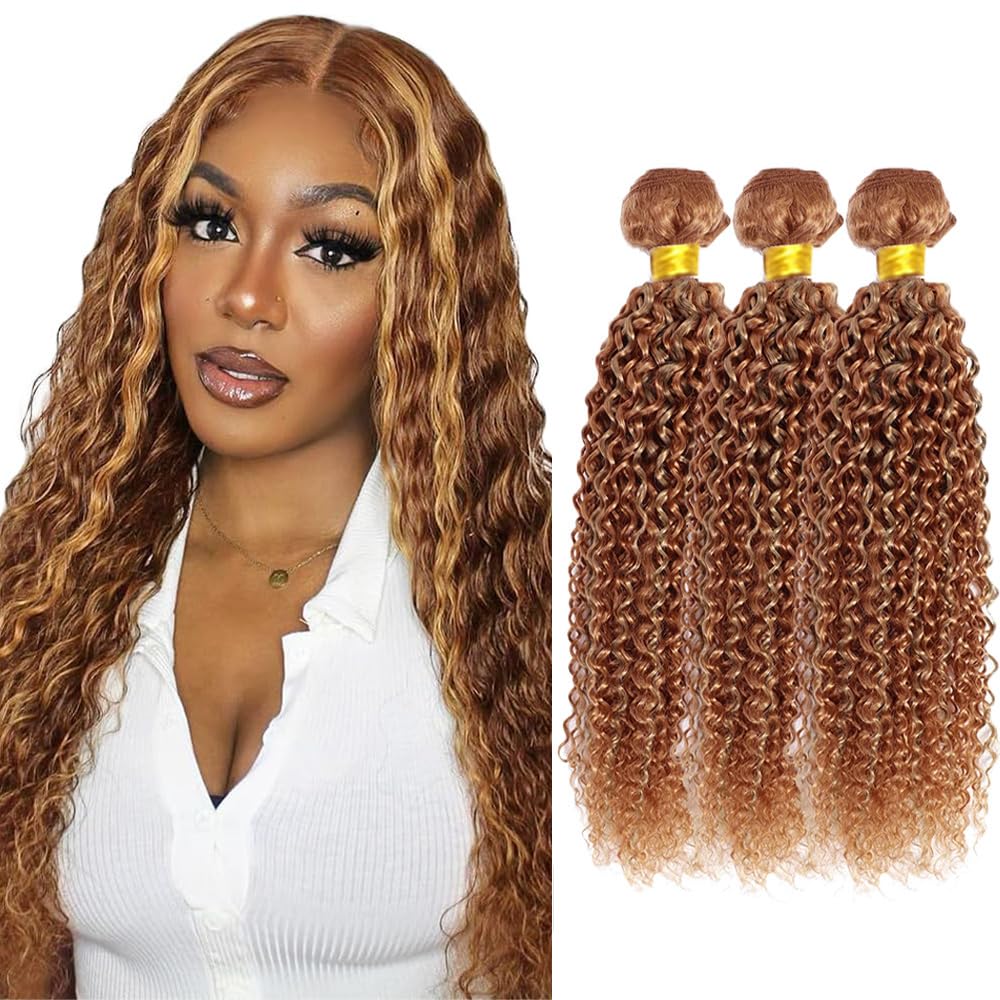 P27/30 Blonde Bundles Kinky Curly Bundles Human Hair 12 14 16 Inch #30 Light Brown Deep Curly Bundle Unprocessed Brazilian Virgin Weave Hair 3 Bundles 100 Gram Per Bundle