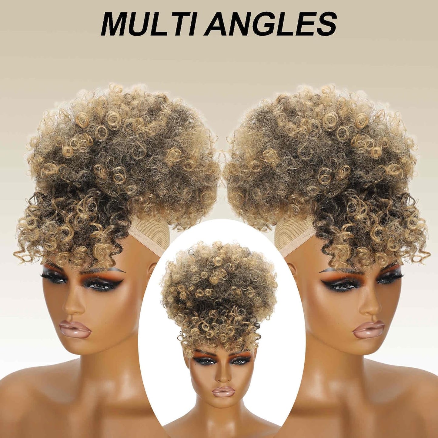 Ponytail Extensions with Bangs - Afro Puff Kinky Curly Hairpiece for Women | Short Natural Updo (1BT27)