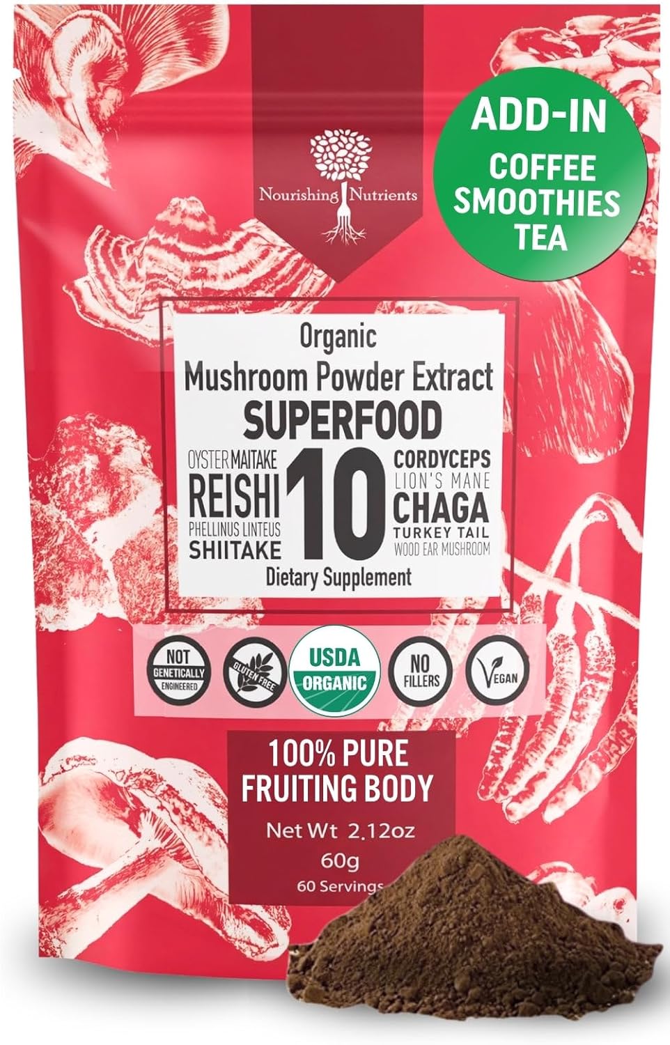 Organic Mushroom Supplement Powder - Focus & Immune Support | 100% Fruiting Body, Lions Mane, Reishi & More - 60 Servings