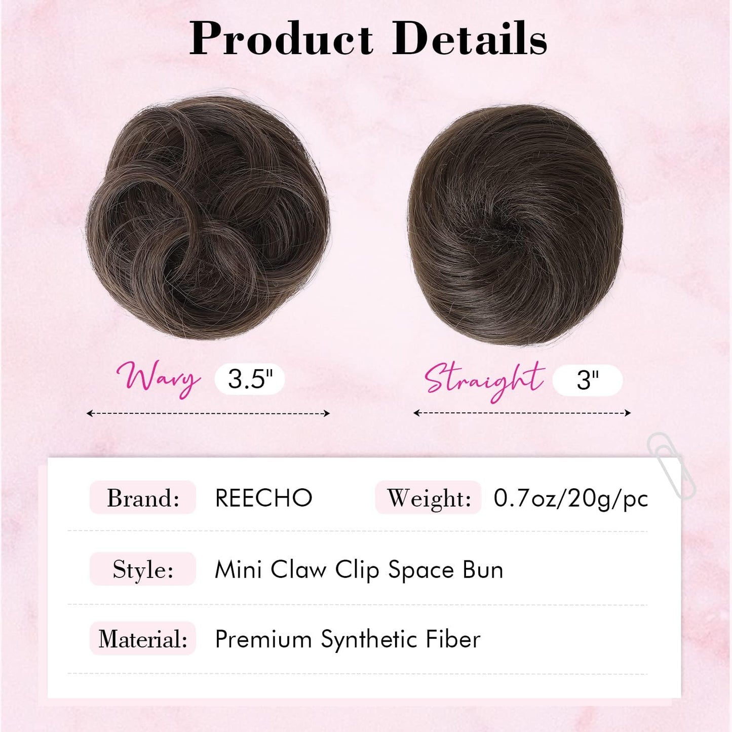REECHO 2 PCS Mini Claw Clip in Messy & Cat Ears Hair Bun Extensions HB001 Wig Accessory Updo Hairpieces for Women (Pack of 2-3" Straight, Dark Brown)