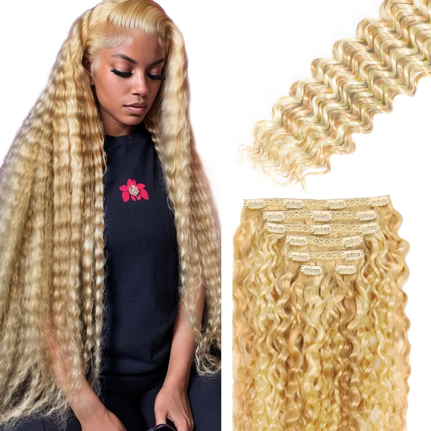 P27613 Blonde Clip in Hair Extensions Real Human Hair, 28 Inch 120g/7Pcs,Full Shine Remy Human Hair,Highlight Blonde Deep Wave Clip ins Brazilian Virgin Human Hair Extensions