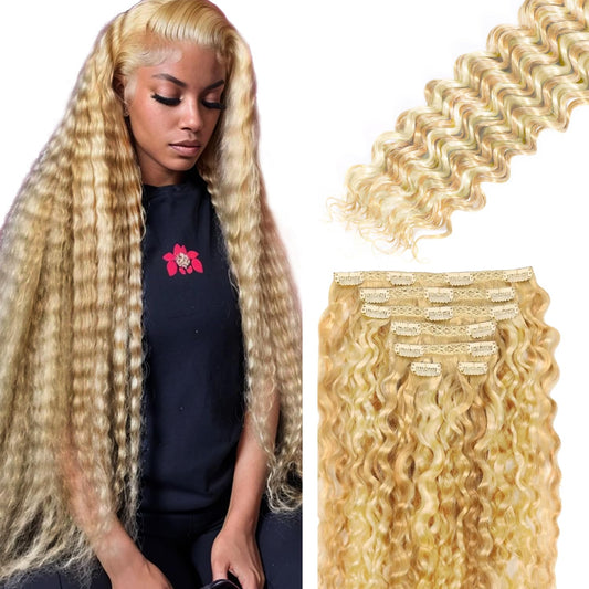 P27613 Blonde Clip in Hair Extensions Real Human Hair, 28 Inch 120g/7Pcs,Full Shine Remy Human Hair,Highlight Blonde Deep Wave Clip ins Brazilian Virgin Human Hair Extensions
