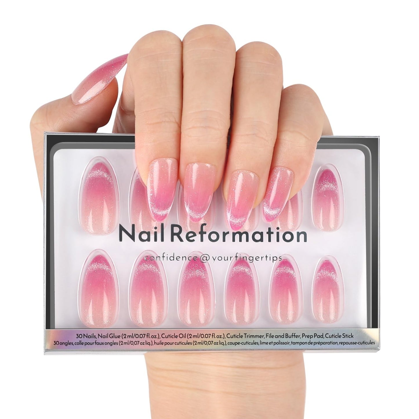 Press On Nails - Hologlam Glossy Aurora Cat Eye Velvet Short Square | Reusable Stick-On False Nails in 15 Sizes - 30 Nail Kit
