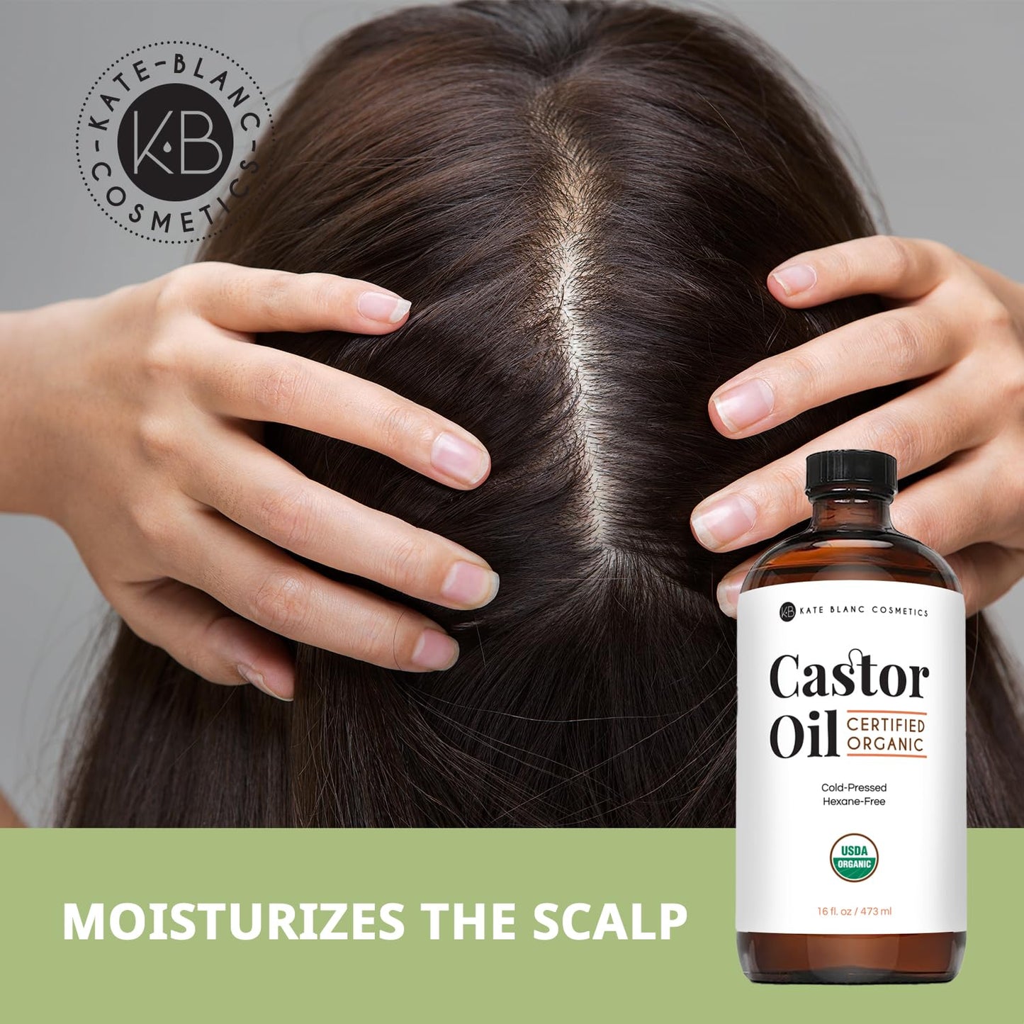 Kate Blanc Cosmetics Organic Castor Oil - 100% Pure Cold Pressed for Hair, Skin & Face | 16oz Glass Bottle