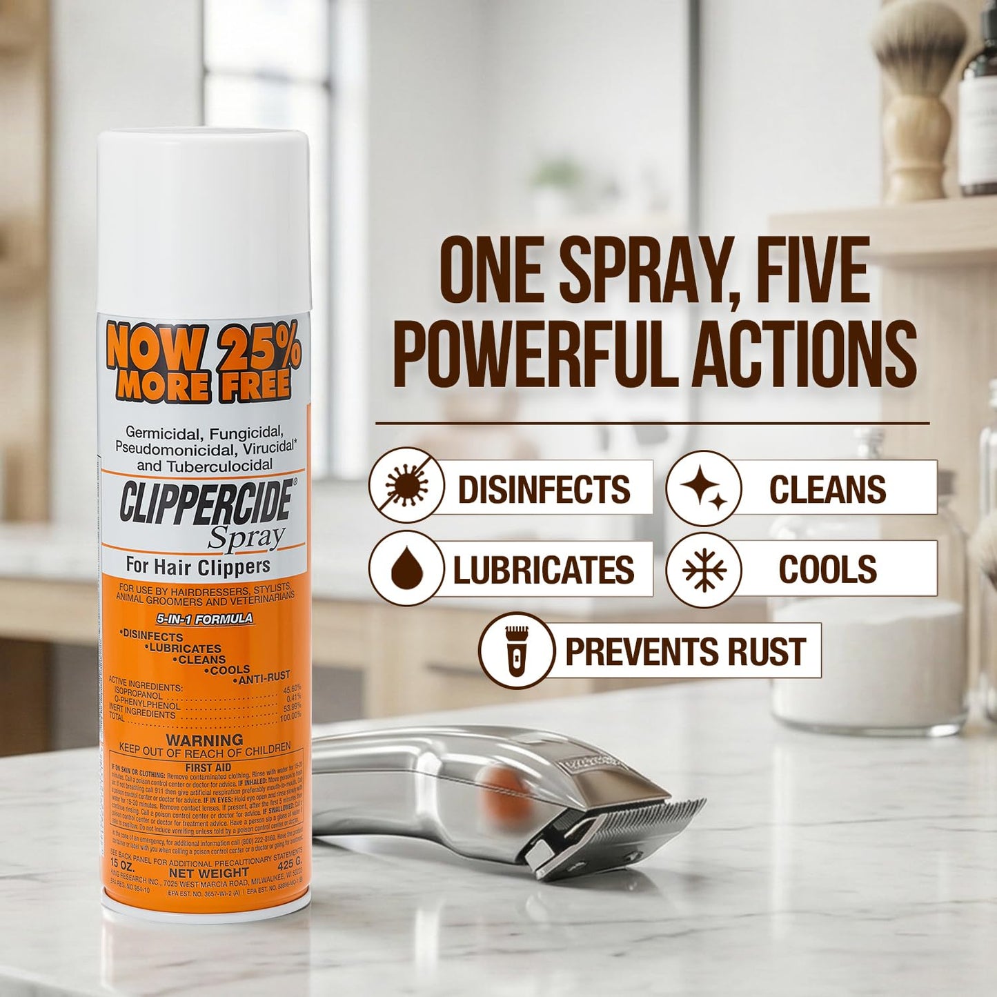 CLIPPERCIDE 5-in-1 Clipper Disinfectant Spray 15oz, 1 Pack | Cleans, Lubricates, Cools, Prevents Rust & Disinfects | Professional Clipper Spray for Barbers, Stylists & Pet Groomers | Made by BARBICIDE