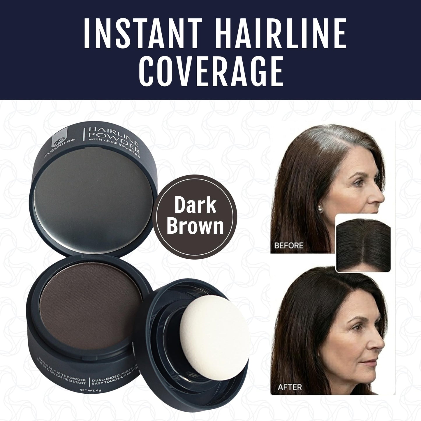 Puggaree Dual Ended Hairline Powder for Root Touch Up and Grey Coverage - Water & Sweat Resistant, Long-Lasting （#01 Dark Brown）