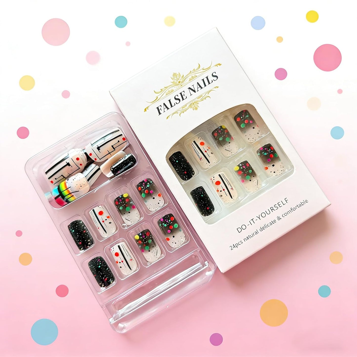 Rainbow Polka Dot Press-On Nails | Medium Square Colorful Acrylic Full Cover | 24 Pcs Reusable Summer Design