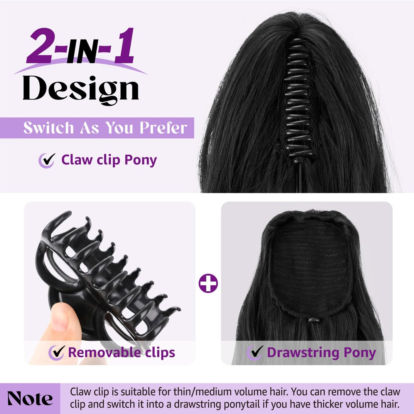 Ponytail Extension - 24" Claw Clip Synthetic Hairpiece | Long Curly Wavy Ponytail for Women - Black