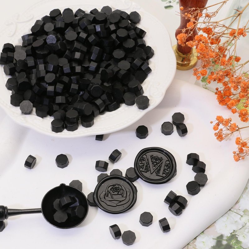 Atopbb 300 Pcs Wax Seal Beads, Sealing Wax Beads, Refilling Octagon Wax Sealing Beads for Wax Stamp Sealing, Perfect for Wedding Invitations, Christmas Cards, Envelopes, Letter Sealing (Black)