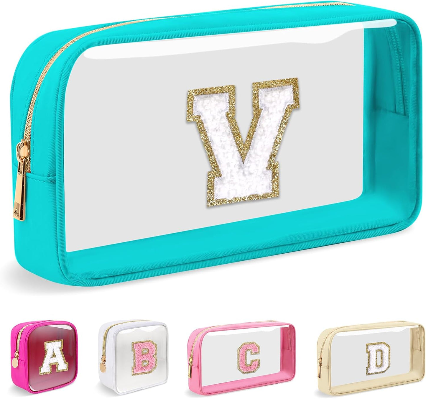 Personalized Initial Makeup Bag - Waterproof Nylon Cosmetic Pouch | A-Z Chenille Letter Patch, White-Pink G