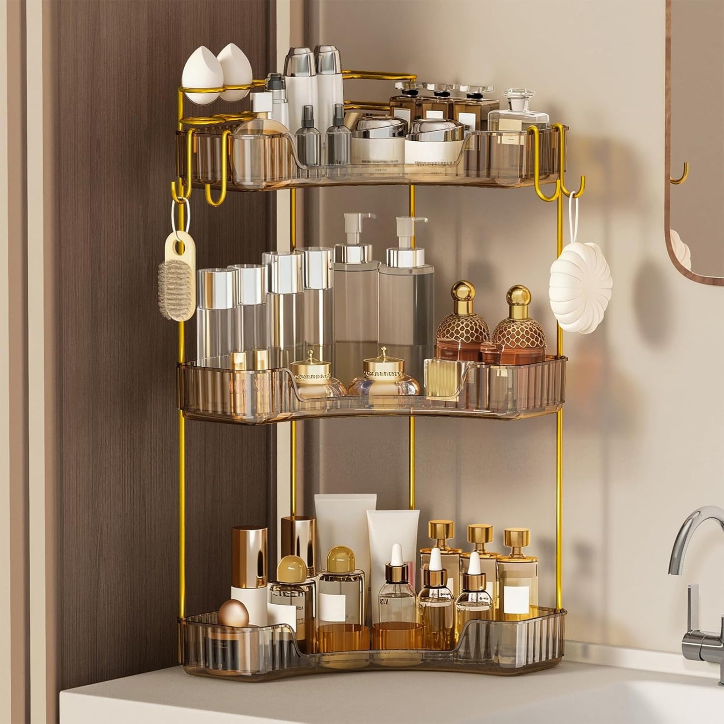 3-Tier Corner Bathroom Organizer - Makeup & Skincare Shelf with Built-in Brush Holder | Space-Saving Amber Design