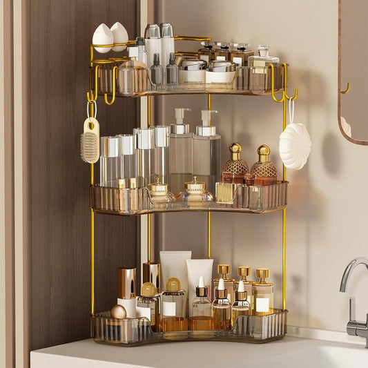 3-Tier Corner Bathroom Organizer - Makeup & Skincare Shelf with Built-in Brush Holder | Space-Saving Amber Design