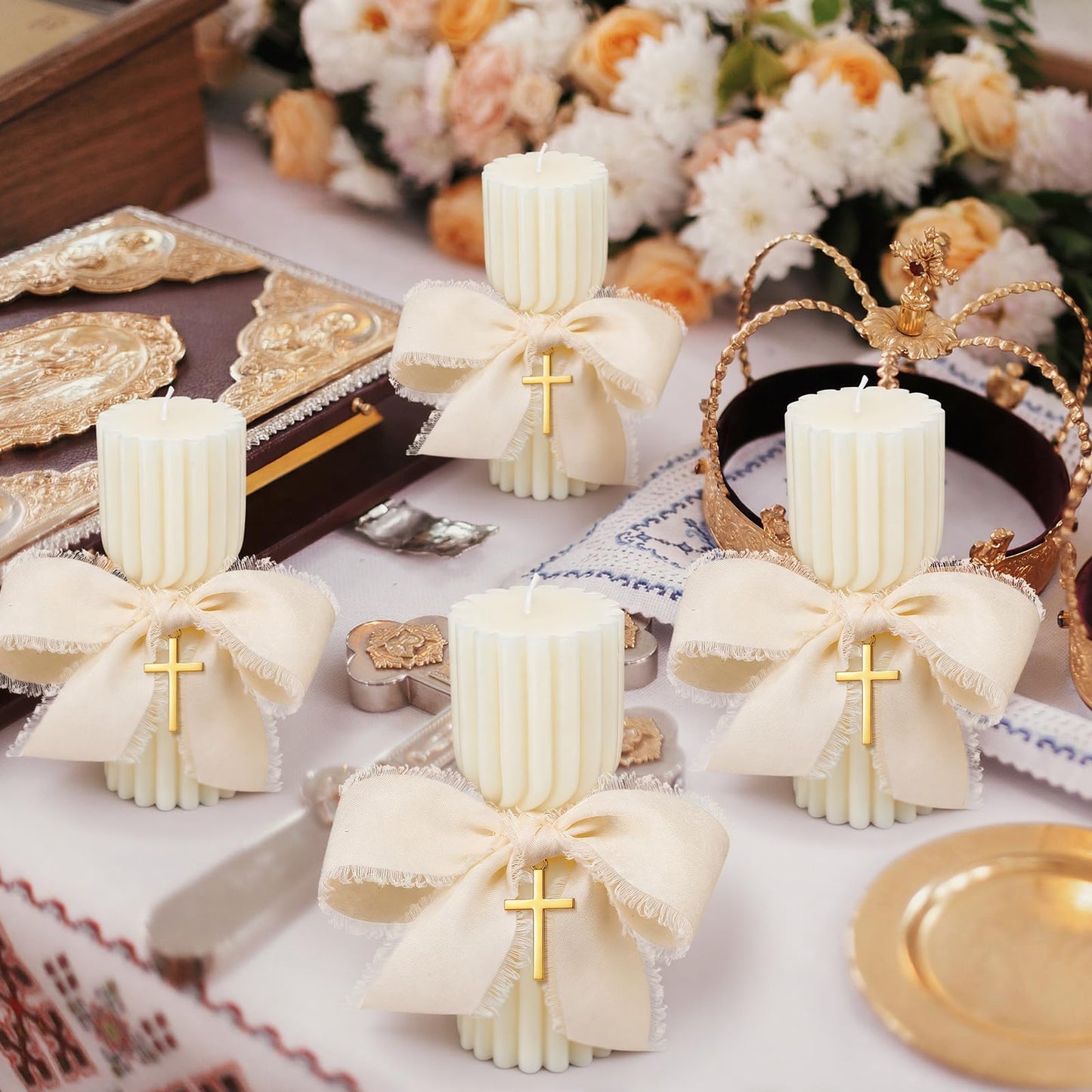 Conelist 12 Set Baptism Candle Cirios Pascual Catolico Catholic First Communion Candles with Bows and Crosses Church Prayer Gifts for First Communion Baby Christening Party Favor, 4.53 x 1.57 Inch