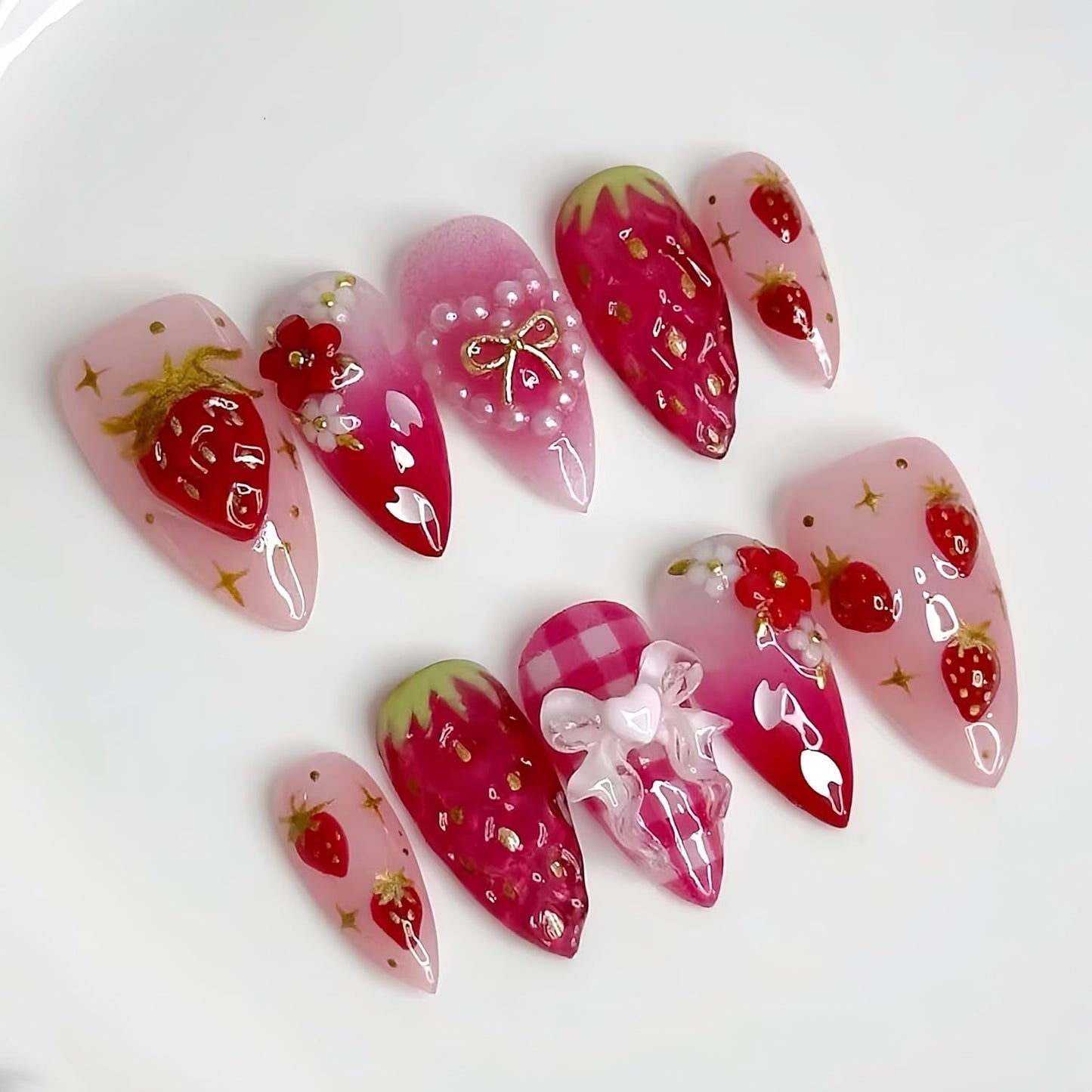 Almond Press-On Nails Set - 30Pcs 3D Pink Flower & Gold Beads | Reusable Floral Design for Beach Vacation