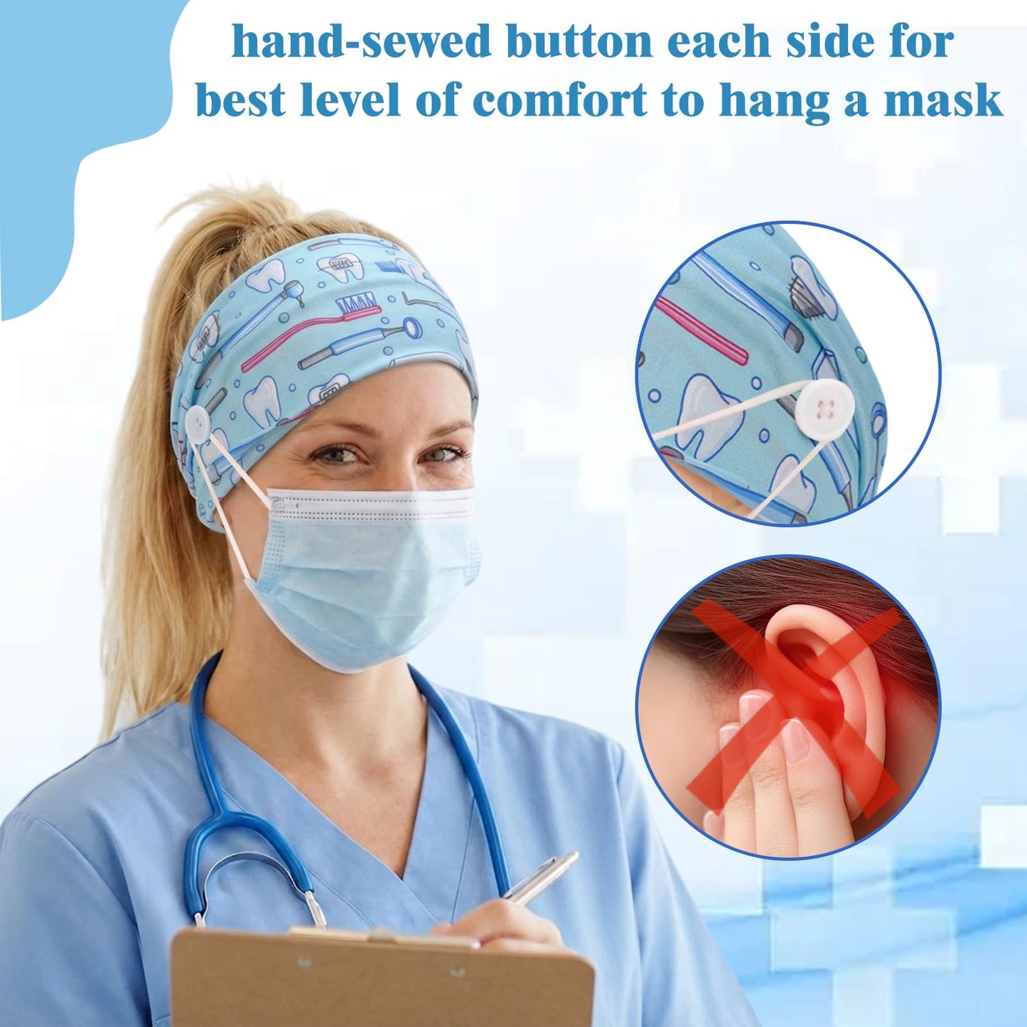 JATEBI 12 Pcs Nurse Headbands for Women, Non Slip Nursing Headbands with Buttons Ear Protection Hair Band Sweatband Head Wrap
