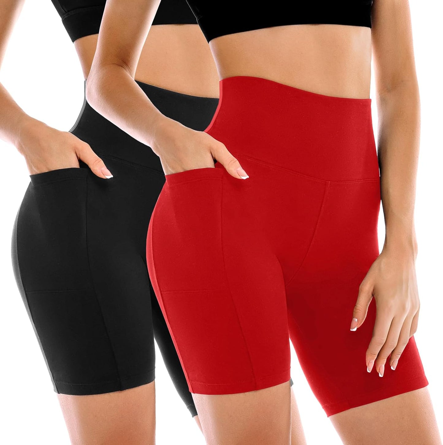 High Waisted Tummy Control Biker Shorts for Women - 2 Pack with Pockets | Yoga & Workout Gear