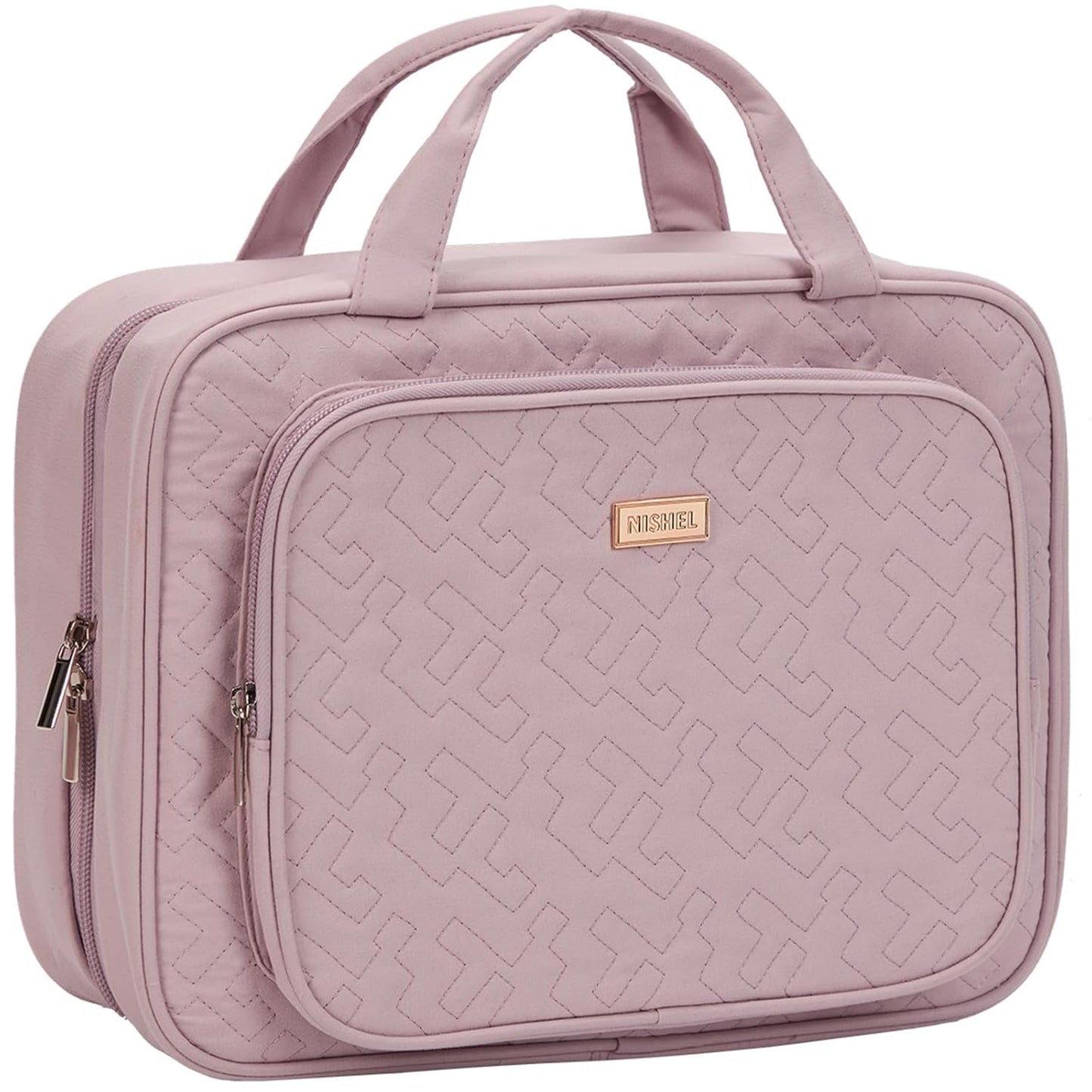 NISHEL Travel Toiletry Bag - Large Pink Makeup Organizer | Hanging Case for Accessories & Cosmetics