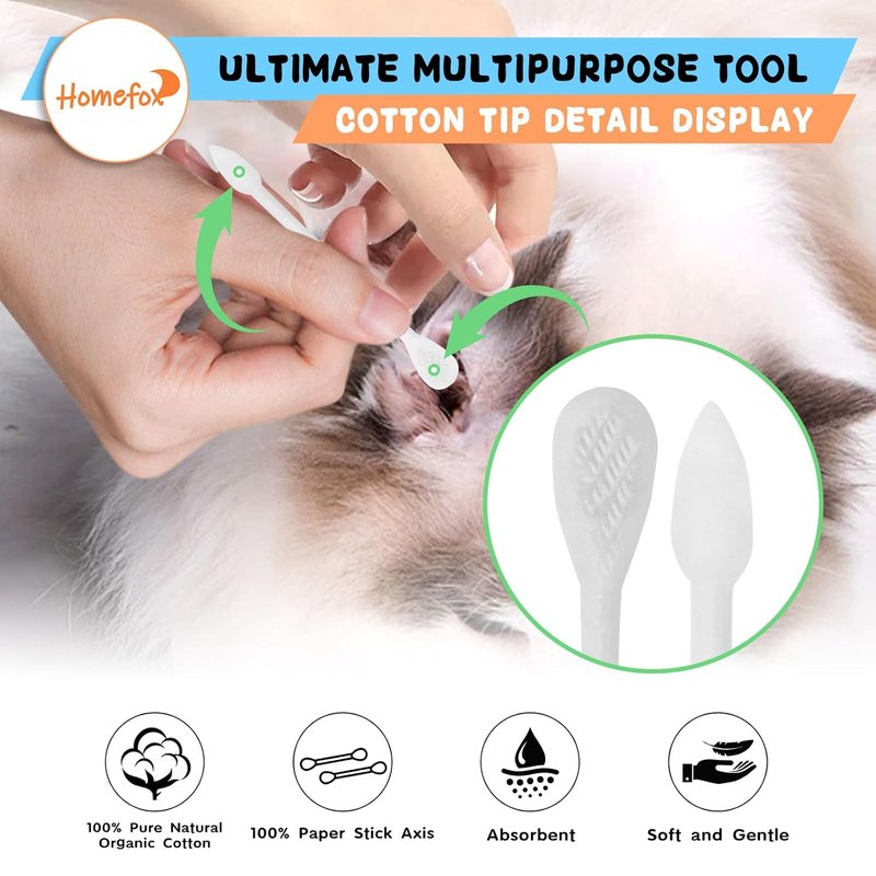 Organic Cotton Swabs - XL Double-Sided Precision Tips | 500 Count, Flattened Pointed Design, White
