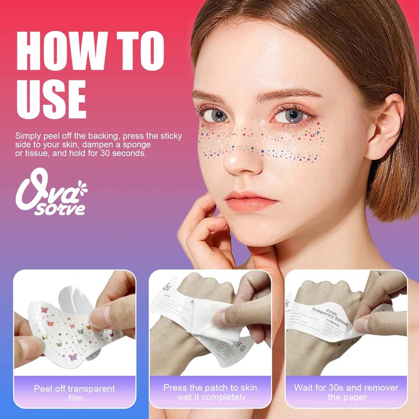 Ovasorve 4th of July Freckles Glitter Stars - Patriotic Face Tattoos with Red White & Blue Sparkles | Waterproof Temporary Tattoos for Independence Day & Everyday Makeup (8 Sheets)