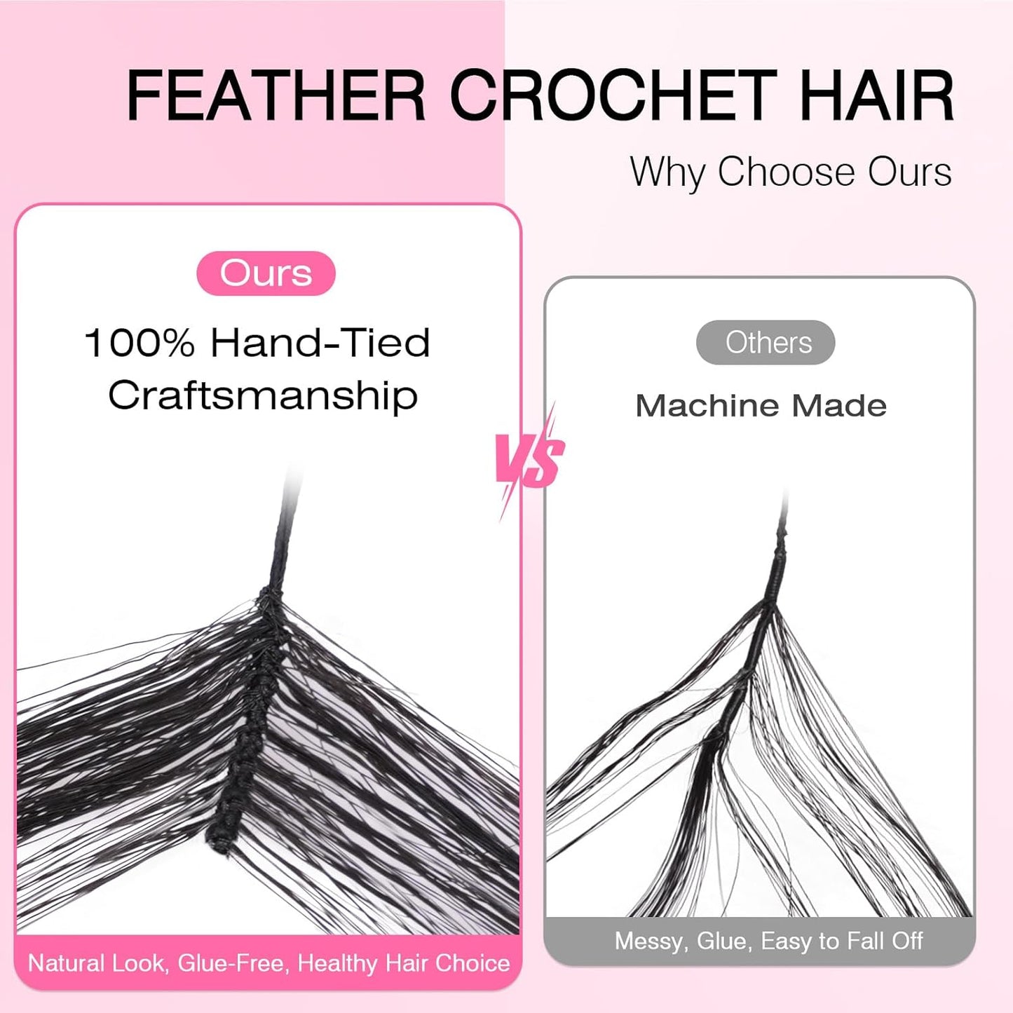 Miracle Knots | Deep Wave Feather Crochet Hair Extensions - 14" Hand-Tied Synthetic, 100 Strands, Glue-Free Natural Black