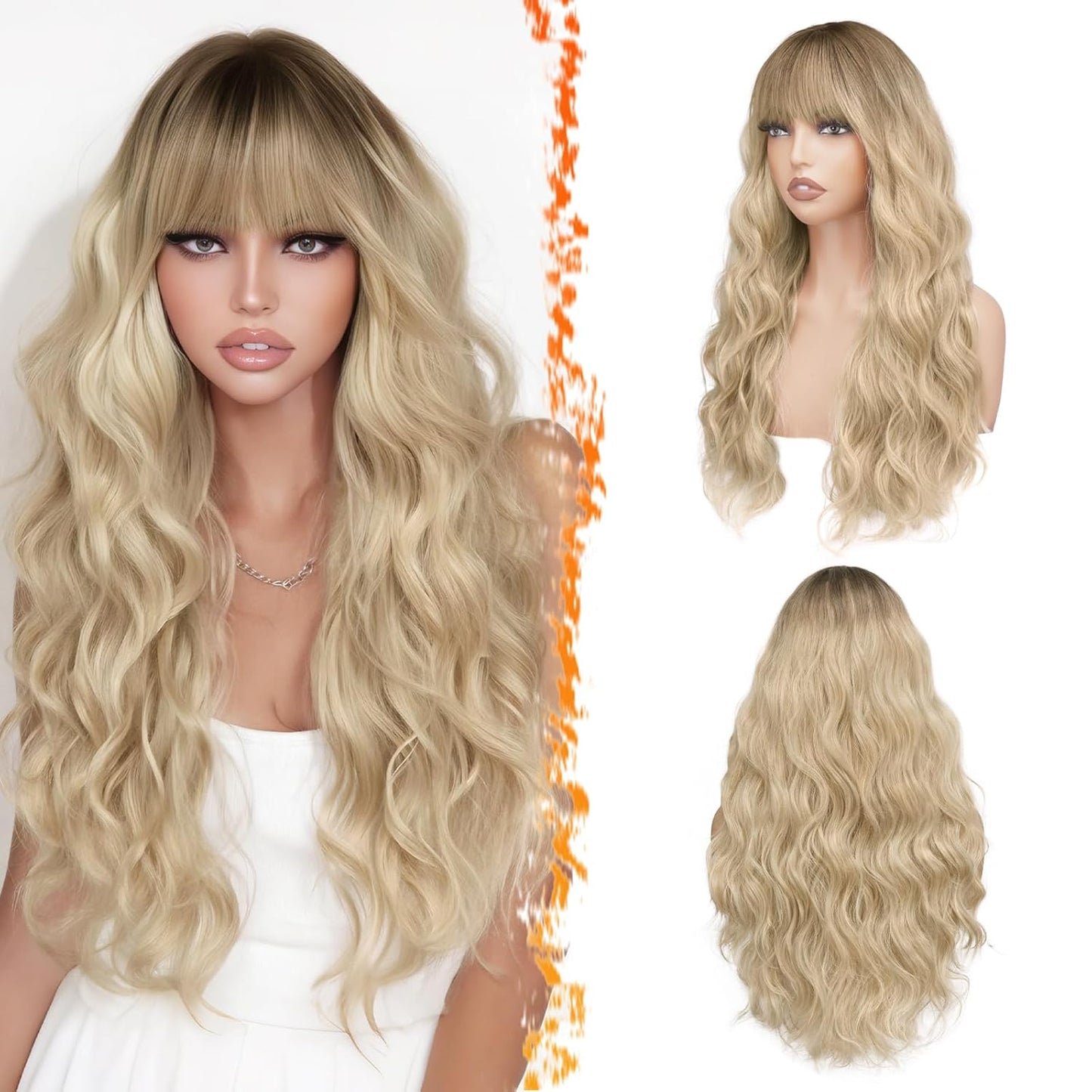 Long Wavy Blonde Curtain Bangs Wig - 26" Synthetic Ombre Wig with Dark Roots | Soft Natural Look