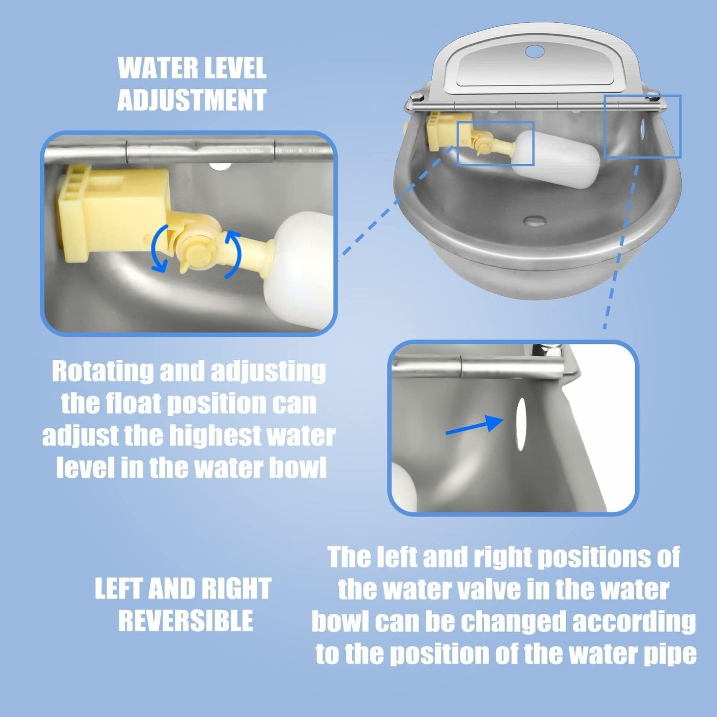 Automatic Animal Drinking Water Bowl with Float Valve, Standard Pipe, Stainless Steel Waterer Feeder Farm Dog Dispenser Kit Self Filling for Livestock Horse Goat Water Trough