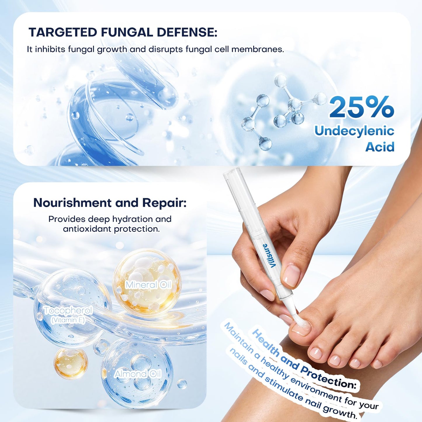 Villsure Toenail Fungus Pen - Toenail Fungus Treatment Extra Strength, Contains 25% Undecenoic Acid, Tea Tree Oils, along with Other Natural Ingredients, Mild and Non-Irritating- Nail Fungus Pen 5pcs