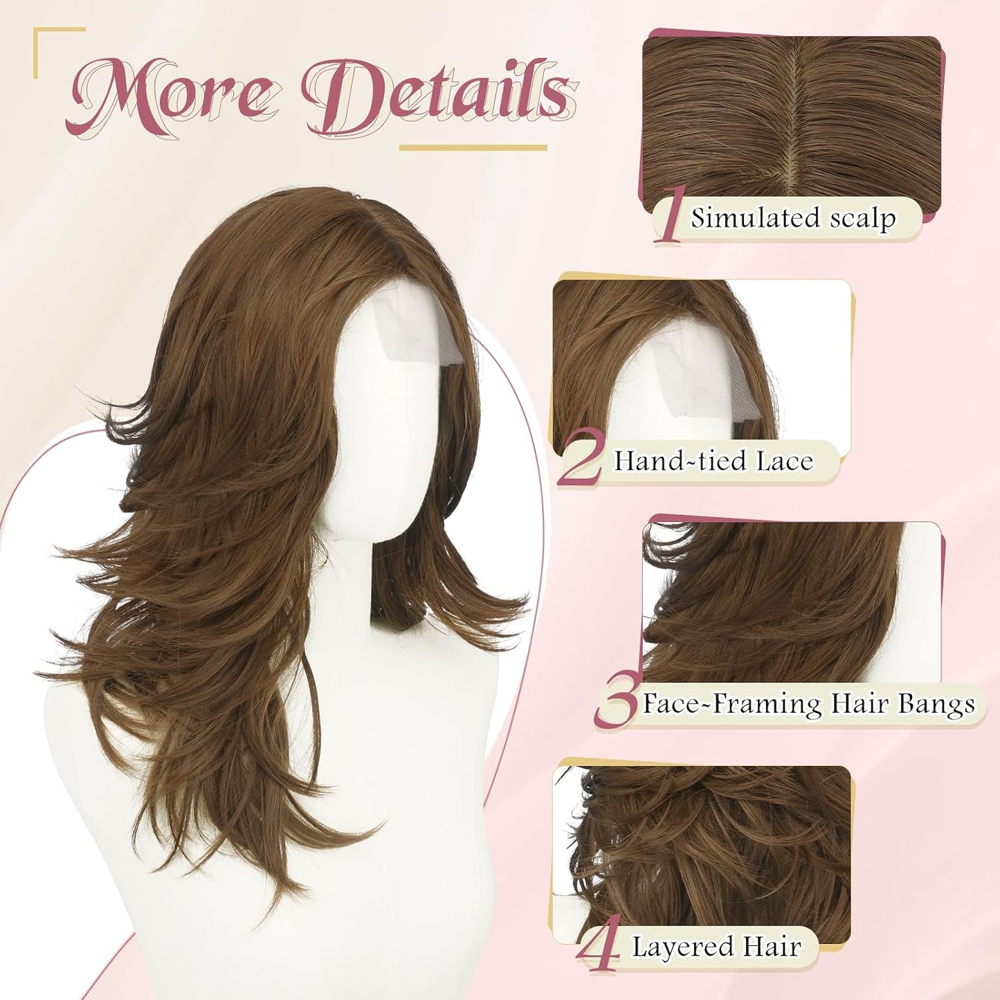 Brown Layered Wigs - Lace Front Hairline with Curtain Bangs | 20 Inch Long Wavy Synthetic Wig for Women