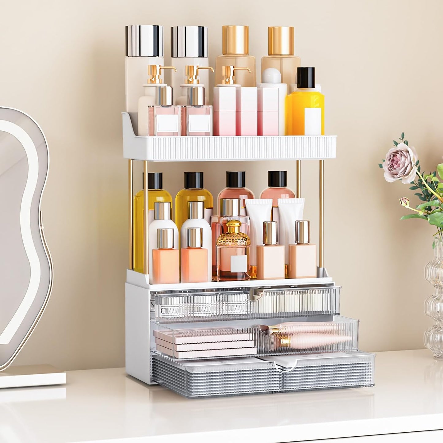 Bathroom Counter Organizer - 2 Pack Makeup Storage with 3 Drawers | Clear Cosmetic Drawer for Vanity & Dresser