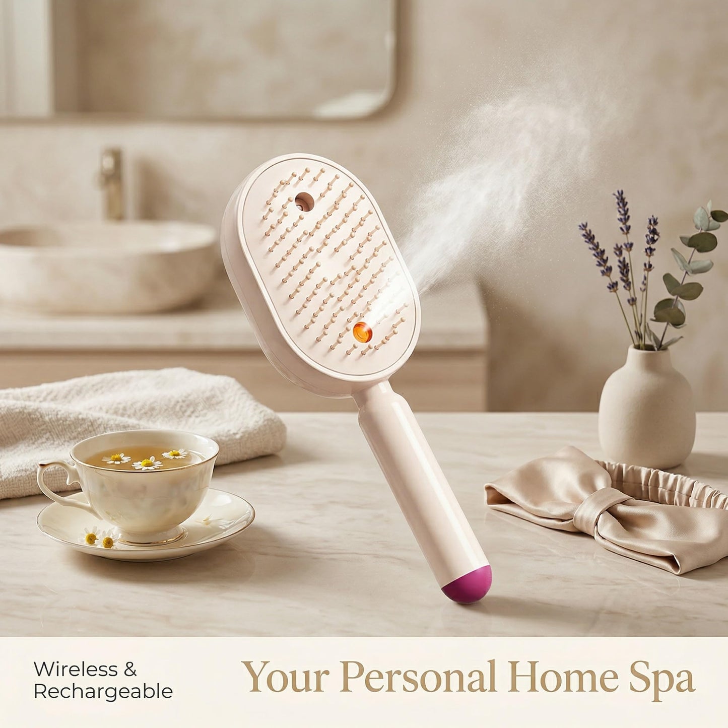 Electric Steam Brush for Hair, Rechargeable Mist Hair Brush with Detangling Air Cushion Comb for Women, Portable Anti-Static Smoothing Brush for Dry, Frizzy & Tangled Hair