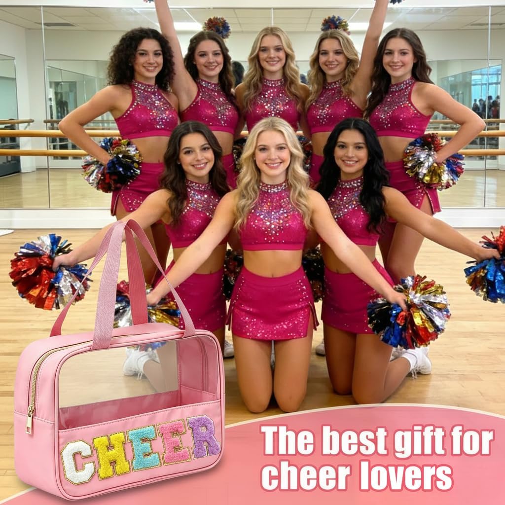 Cheer Makeup Bag - Waterproof Nylon Cosmetic Organizer with Handle | Clear Chenille Letter Patch for Cheerleaders