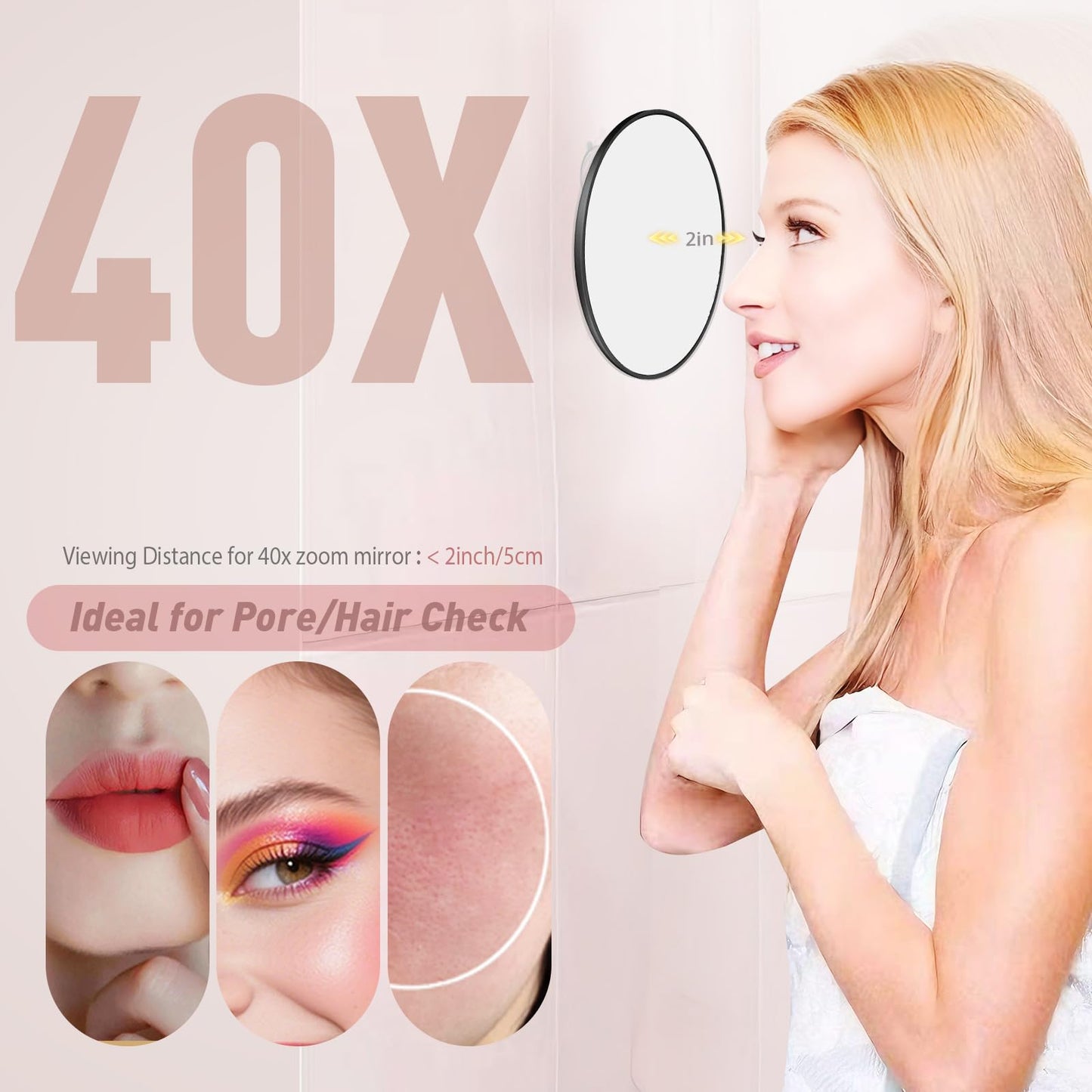 5" 40x Magnifying Makeup Mirror with Suction Cup,Compact Travel Size Vanity Mirror with Ring,40X Powerful+ Magnification Concave Mirror for Detailed Checking,Mid-size Portable Handheld Mirror
