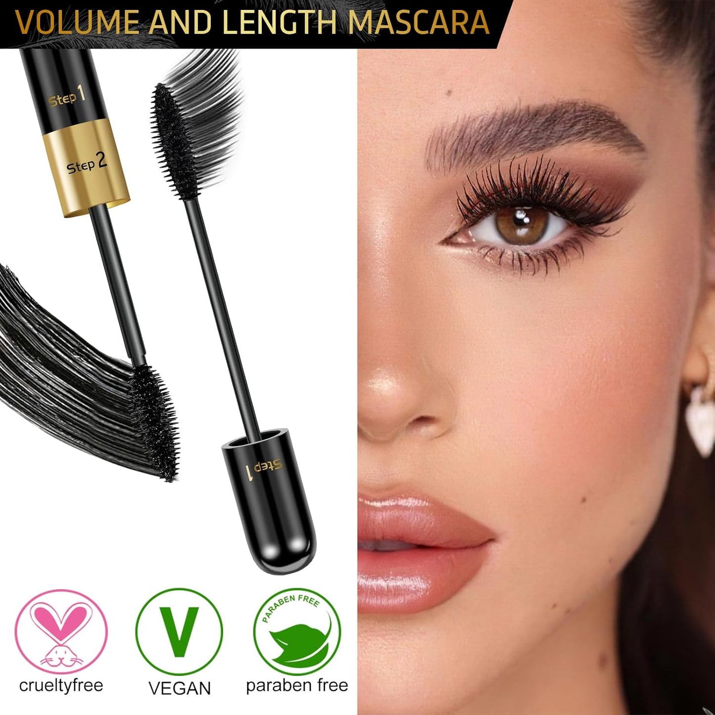 Voluminous Lengthening Waterproof Mascara - 2 in 1 Black Falsies, Smudge Proof & Long-Lasting