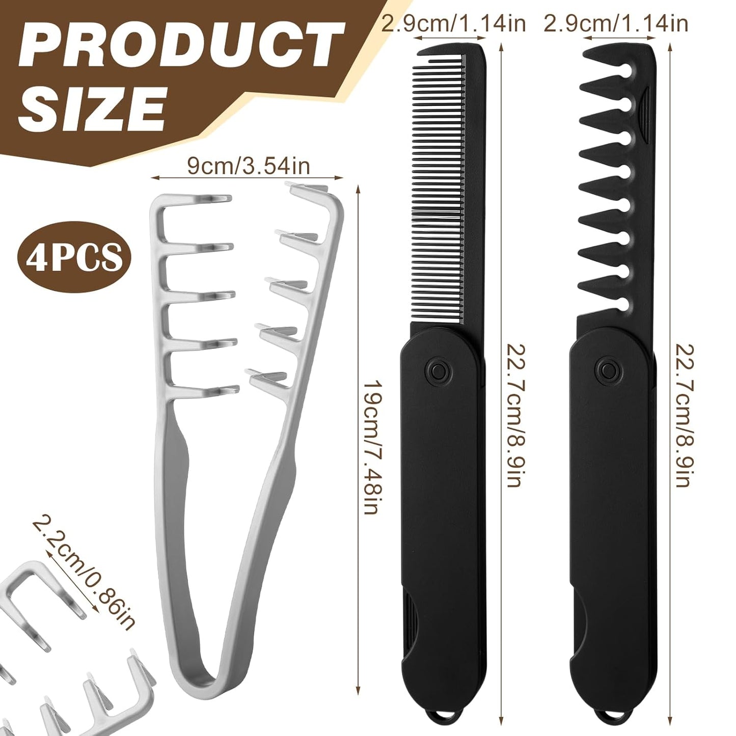 5 Pcs Volumizing Texture Comb Set - Travel Folding Wide & Fine-Tooth Hair Combs | Textured Grip for Fluffy Hairstyles (Gray, Black)