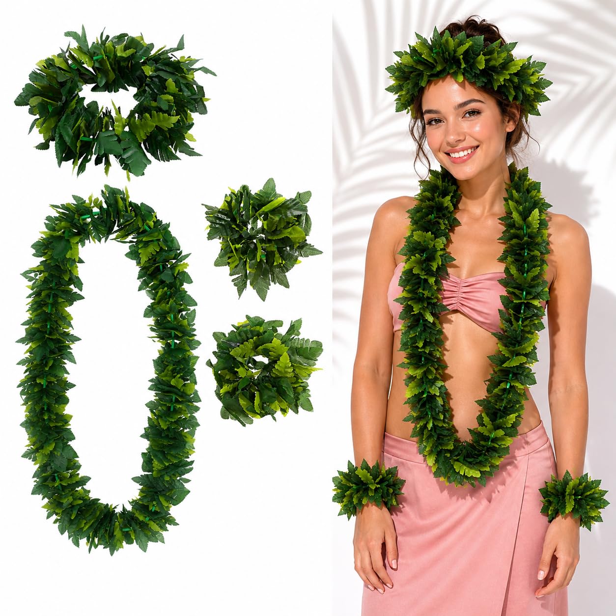 Housoutil Hawaiian Green Leaf Leis Set, Green Hawaiian Party Garland, Tropical Hula Dance Accessories, Artificial Foliage Necklace Headband Wristbands, Summer Beach Jungle Hula Costume for Party