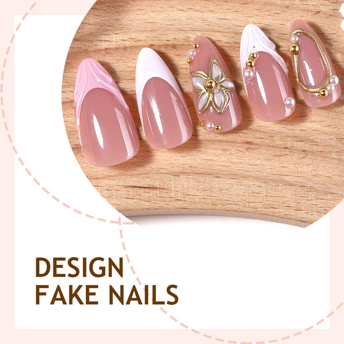 3D Press on Nails Almond - Medium French Tip Fake Nails with Embossed Flower & Gold Bead Designs, Glossy Acrylic Nails Full Cover Floral Glue on Nails for Women Manicure 24Pcs