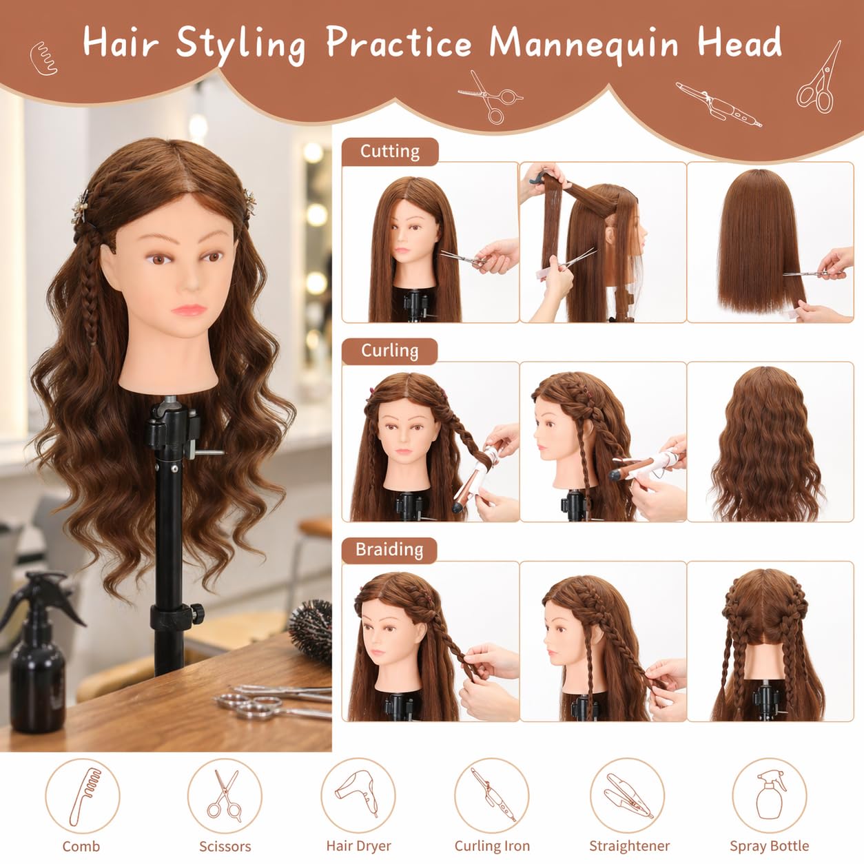 Human Hair Mannequin Head - 22"-24" Cosmetology Training Head with Tripod Stand & Clamp Holder for Styling, Braiding, Cutting