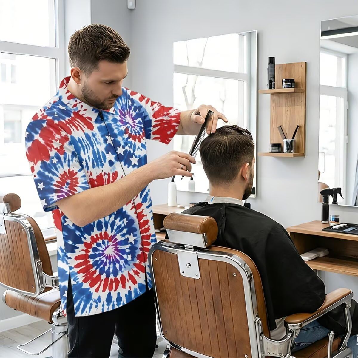 Hdjxbdhsv 4th of July Print Barber Shop Work Shirt,Tie-dye American flag Hairdresser Barber Shirts Hairstylist Shirt Gift Barbershop Scissors for Him Men Women