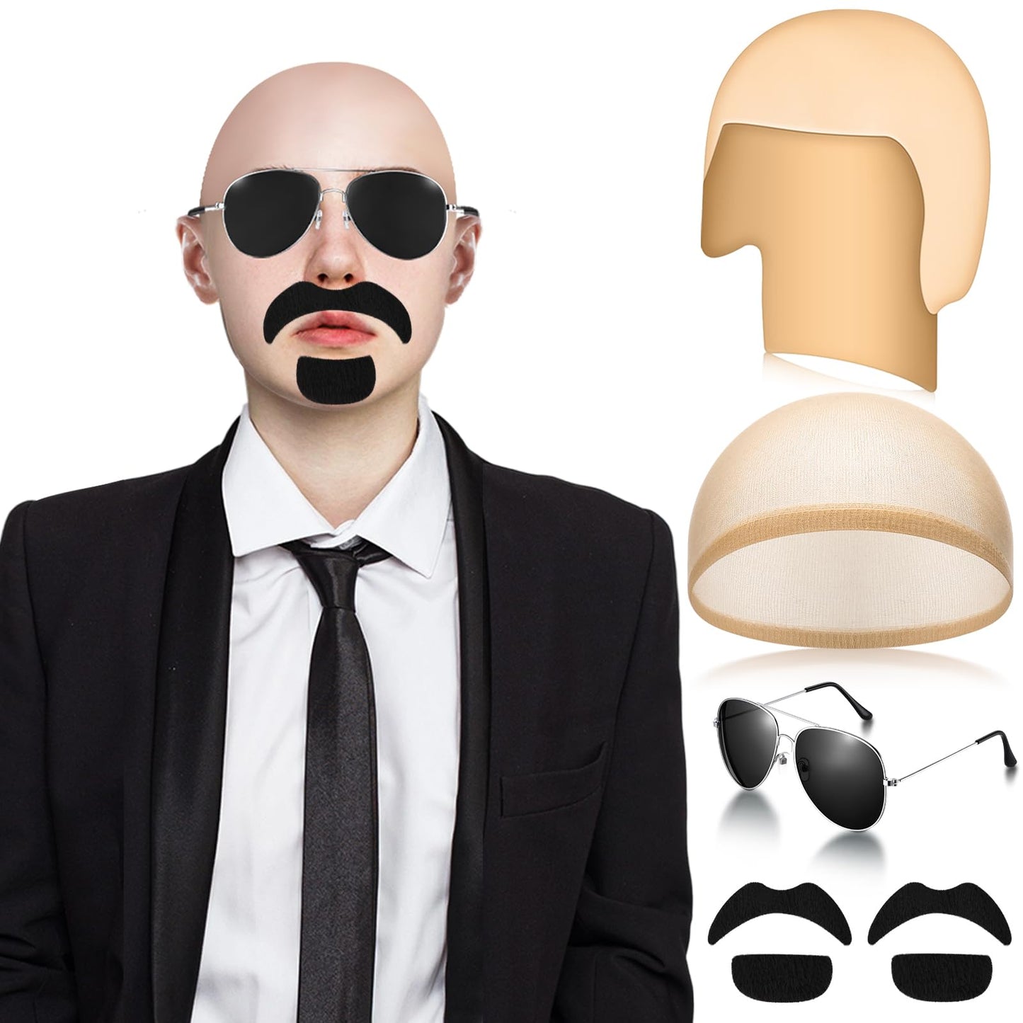 Mepase Bald Caps with Glasses and Mustache Bald Head Wig Cap Party Costume Accessories for Women Men Halloween Cosplay(7 Pcs,Smooth)
