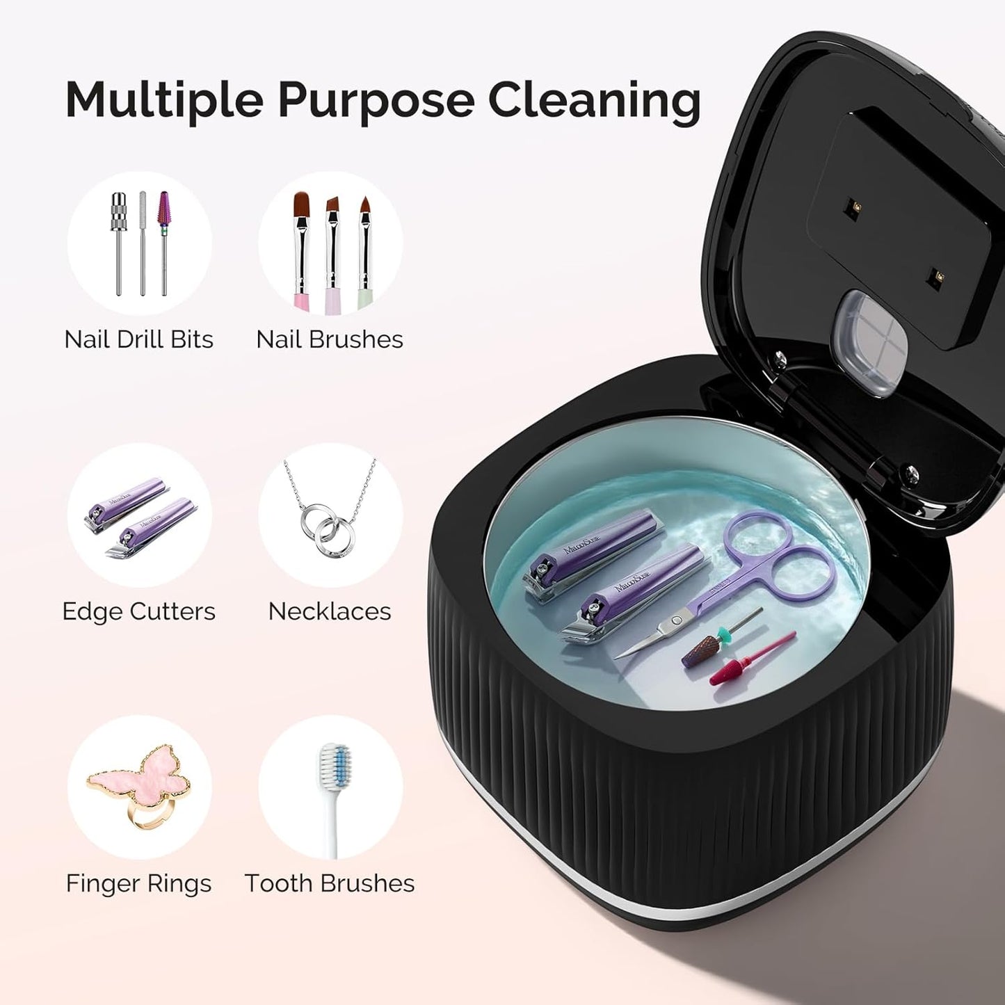MelodySusie 2 in 1 Nail Tool Cleaning Machine - 3 Timer Modes for Nail Drill Bits & Jewelry Cleaning | Black, DL-160