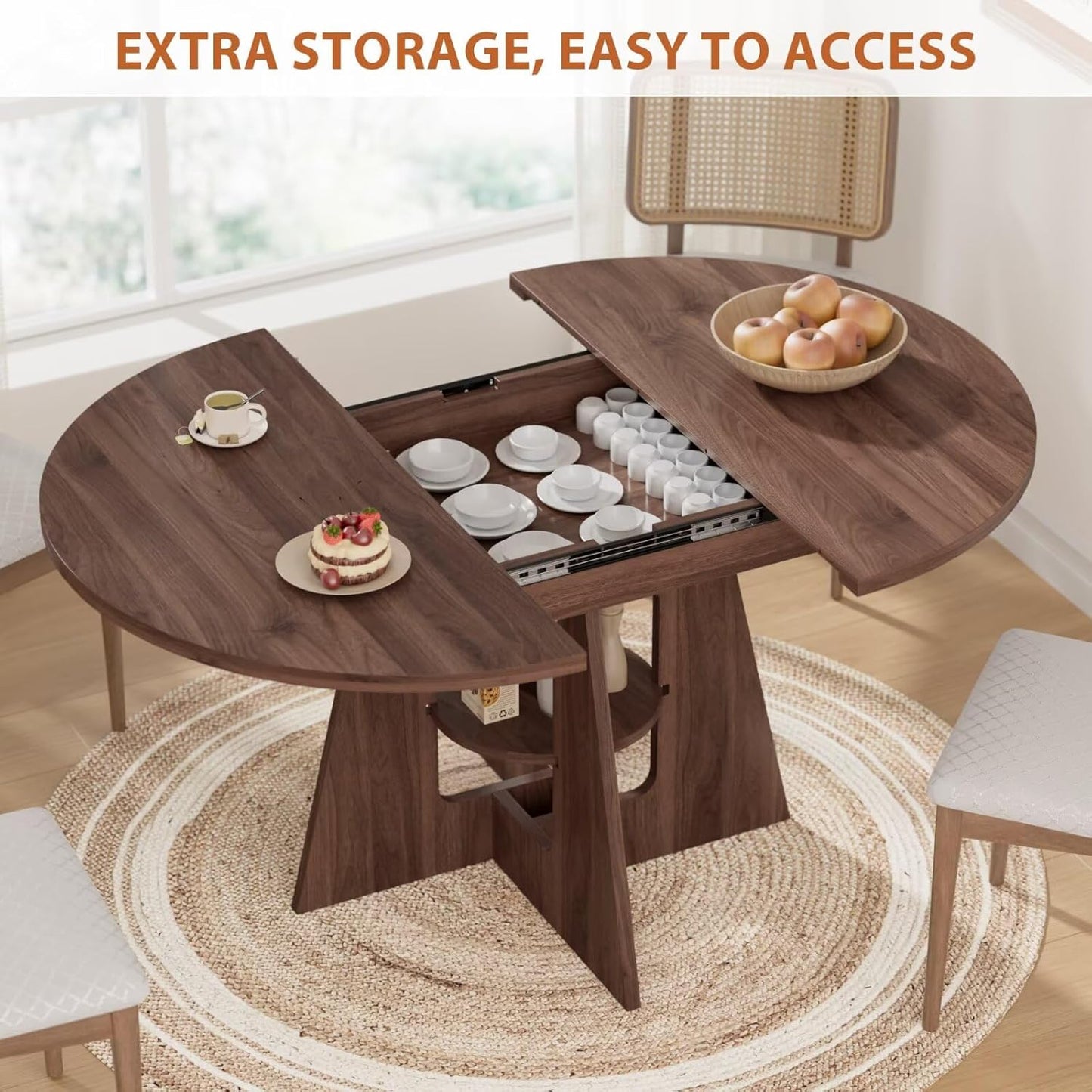 Extendable Round Dining Table for 4-8 | Modern Kitchen Design with Storage Shelf - 43.3in to 59in