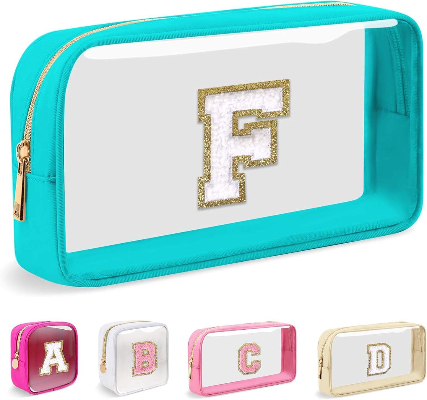 Personalized Initial Makeup Bag - Waterproof Nylon Cosmetic Pouch | A-Z Chenille Letter Patch, White-Pink G