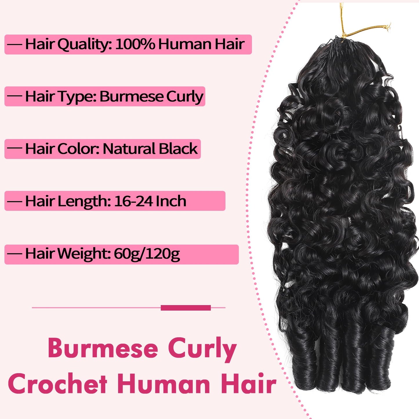 Beauty Queen Burmese Curly Crochet Human Hair 20 Inch 120g Knotless Pre-Separated Feather Human Hair Crochet Bundles 3C4A Lightweight Reusable Remy Hair Extensions for Women Natural Black Color