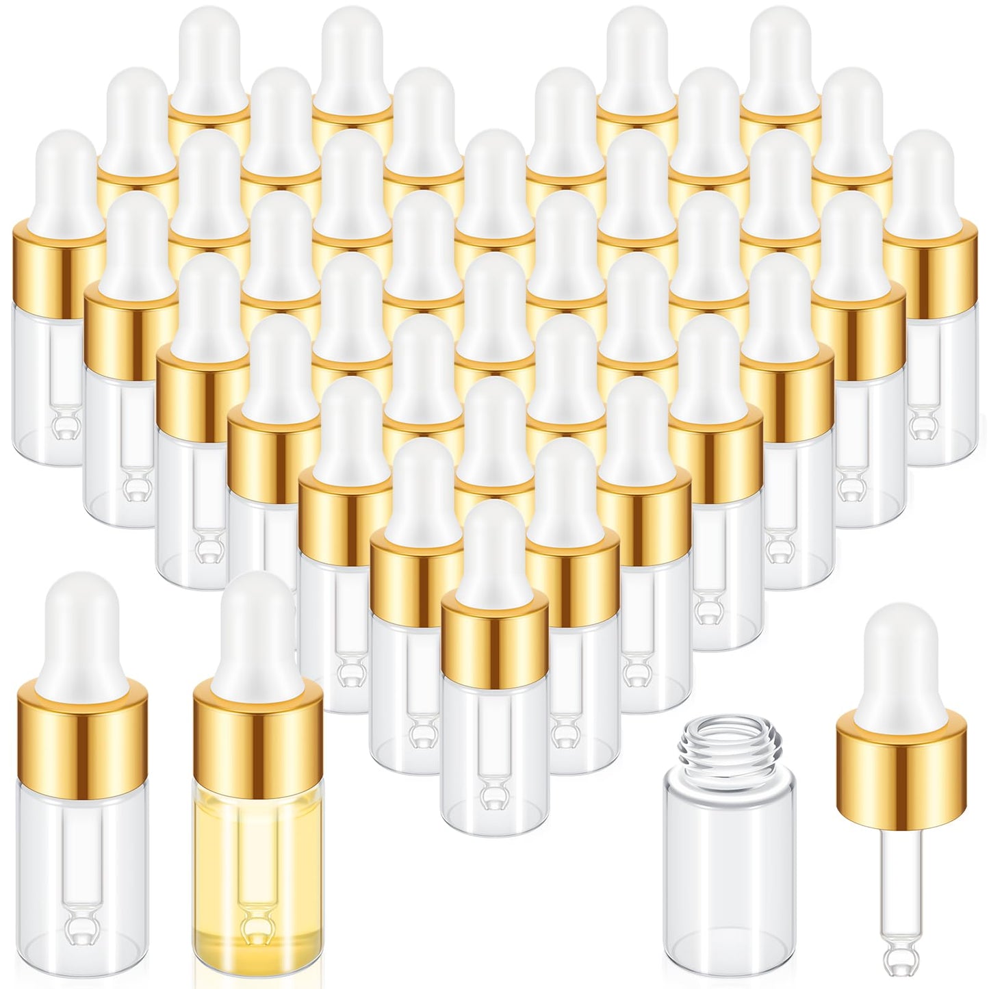 Didaey 200 Pcs 3 ml Mini Glass Oil Dropper Bottle Bulk, Clear Essential Small Empty Bottles Sample Containers Perfume Liquid Vials with Cap for Traveling (Champagne Gold)