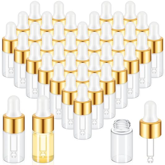 Didaey 200 Pcs 3 ml Mini Glass Oil Dropper Bottle Bulk, Clear Essential Small Empty Bottles Sample Containers Perfume Liquid Vials with Cap for Traveling (Champagne Gold)