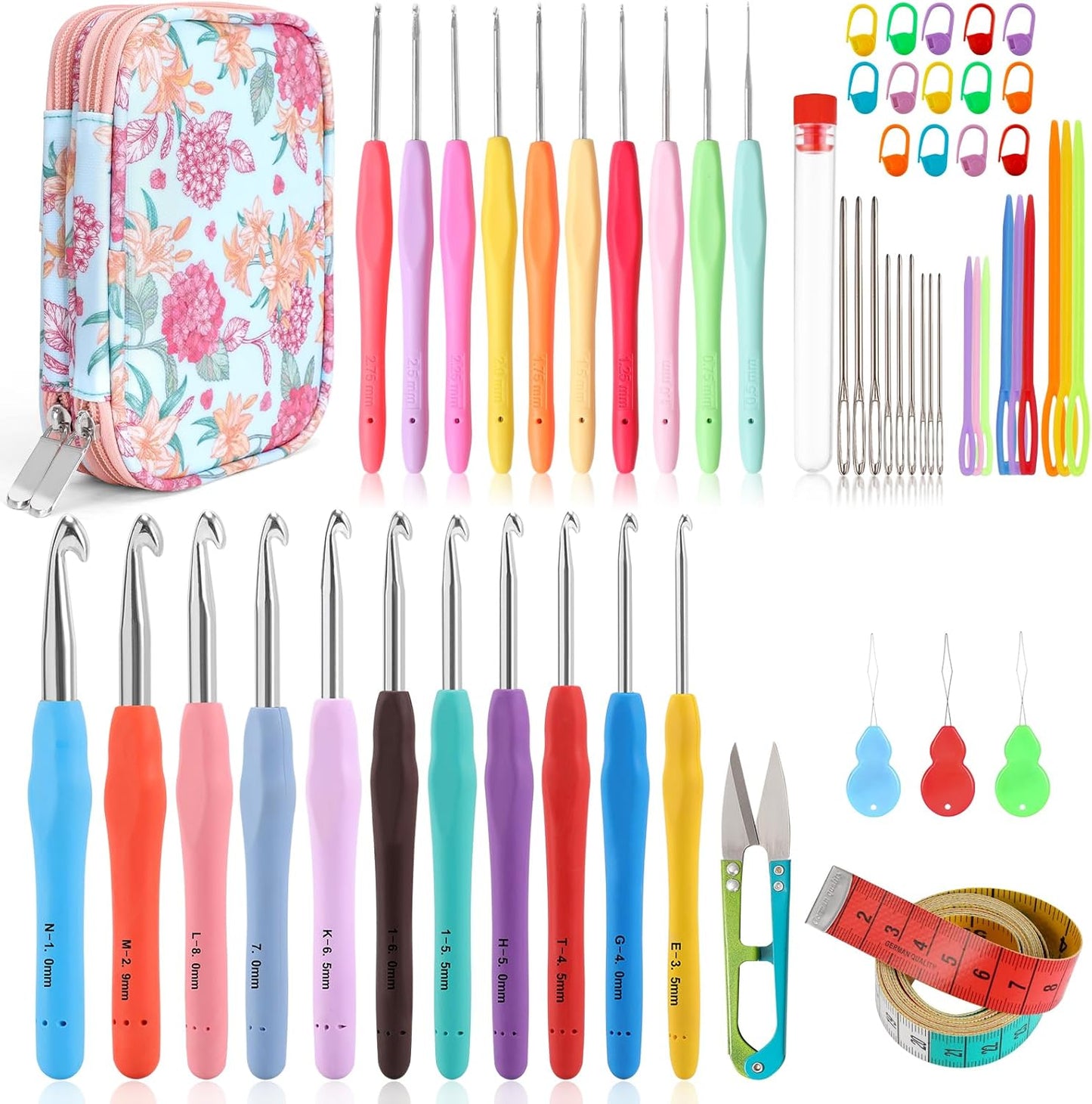 Ergonomic Crochet Hooks Set - 21 Sizes 0.5–10.0mm | Soft Grip Needles with Roll Bag for Comfort