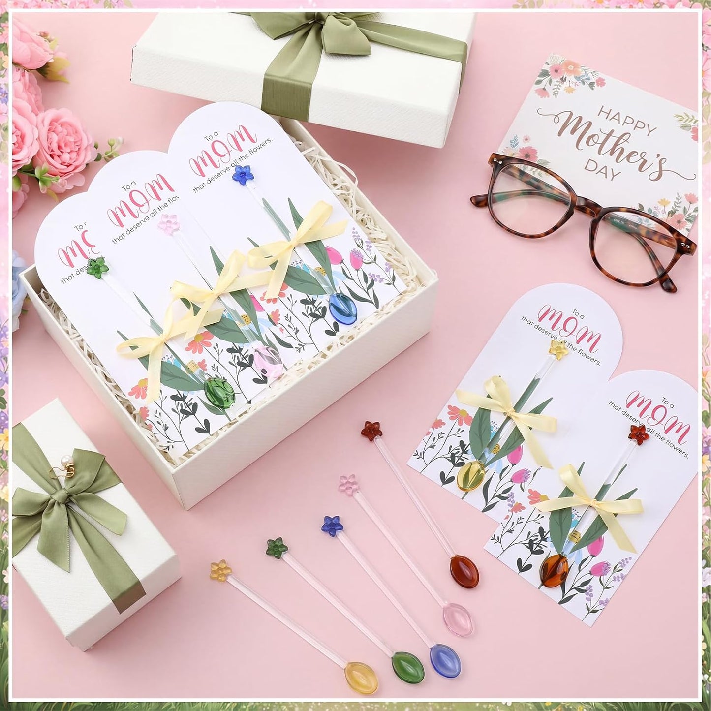 Mifoci 20 Sets Mother's Day Flower Glass Spoons - DIY Gifts for Mom | Includes Stirring Rods & Cards