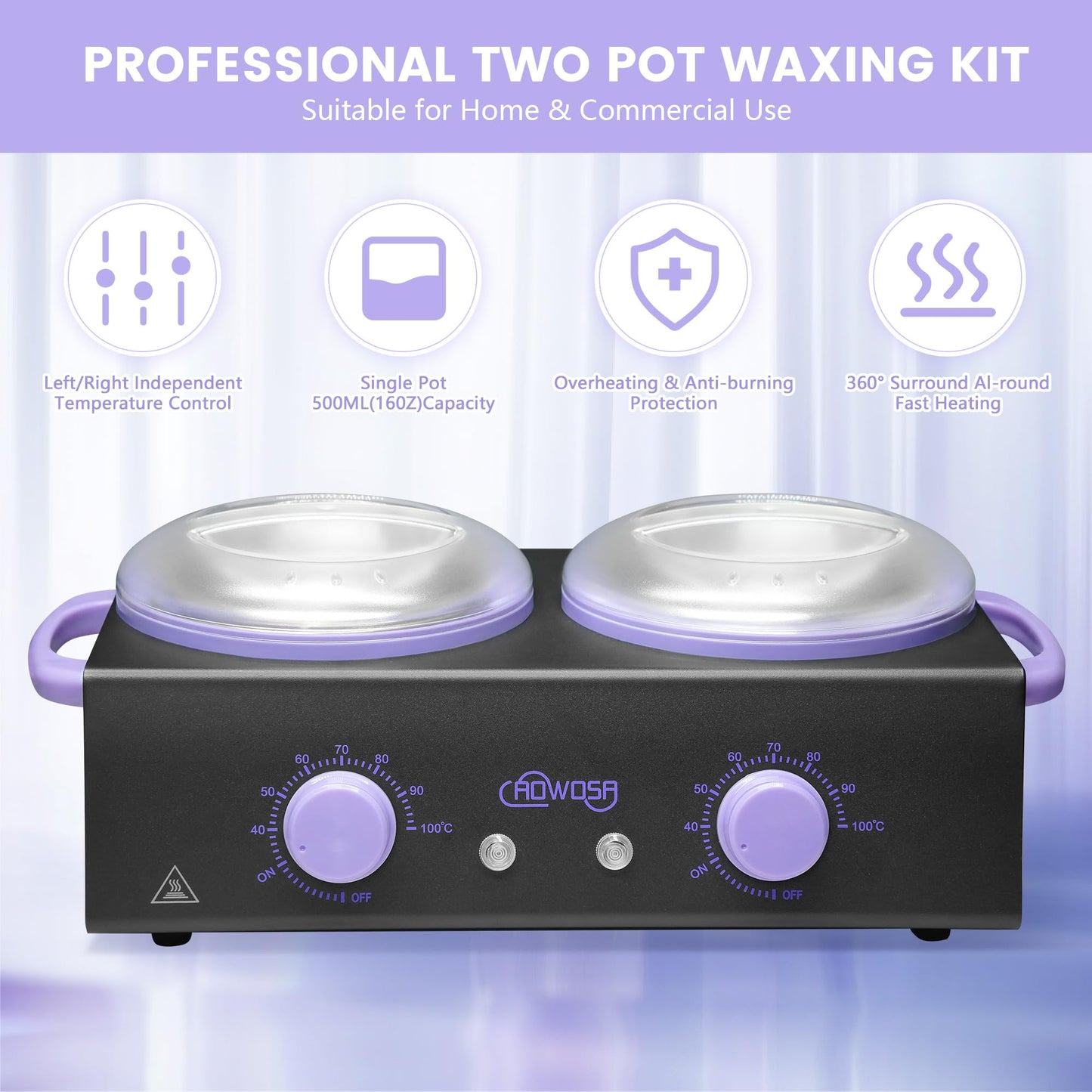 Professional Waxing Kit Wax Warmer Double Pot Wax Heater Machine for Hair Removal, Large Waxing Pot for Spa Salon Beauty Esthetician Home, with Non-Stick Easy Clean Pot, 50 Sticks & 20 Collar, Black