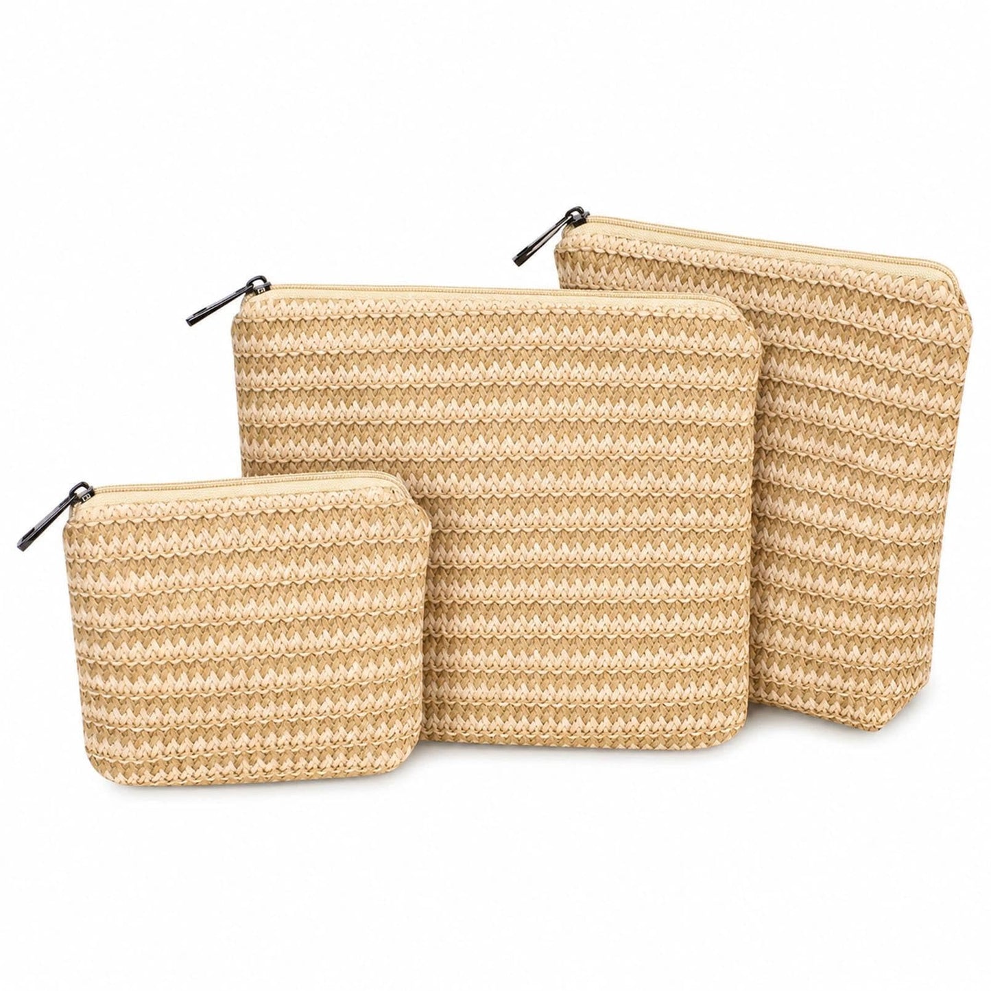 BBORGDC Purse Organizer Pouches, 3 Pack Small Makeup Bags for Purse, PP Straw Makeup Pouch Set, Travel Essentials Pouches, Zipper Organizer Bags for Totes and Handbags