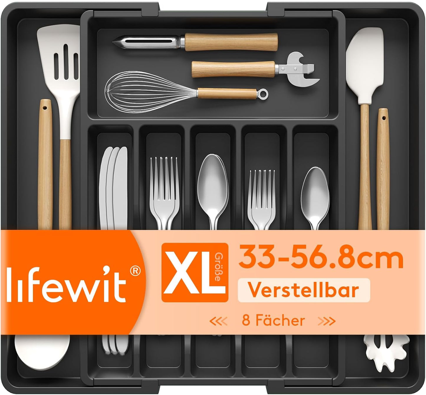 Expandable Silverware Organizer - BPA-Free Plastic Utensil Tray for Kitchen Drawer | Space-Saving Cutlery Holder, Black, 8.5-14 x 12 x 1.5 Inch
